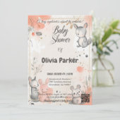 シックなサンゴとグレーの水彩動物の赤ちゃんシャワー 招待状 (スタンド正面)