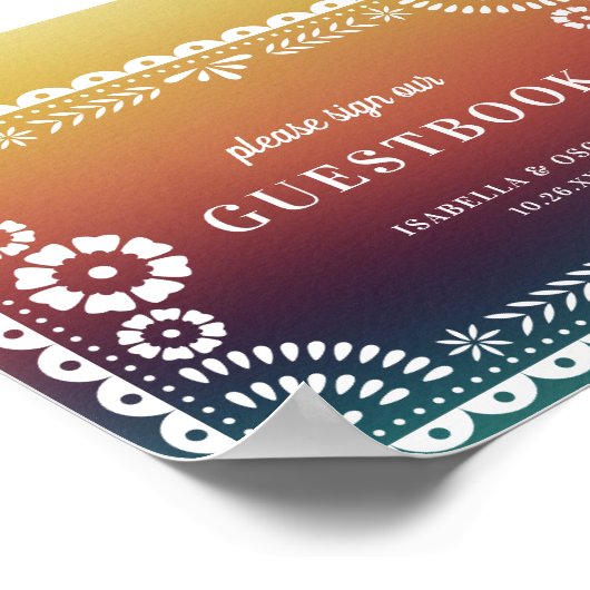 シックなサンセットパペル結婚ピカドのゲストブックサイン ポスター (角)