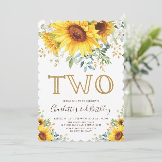 シックなサンフラワーガーデンフローラグリーンリー2nd誕生日 招待状 (スタンド正面)