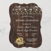 シックなサンフラワーストリングライツオールドウッド結婚ズ 招待状 (正面/裏面)
