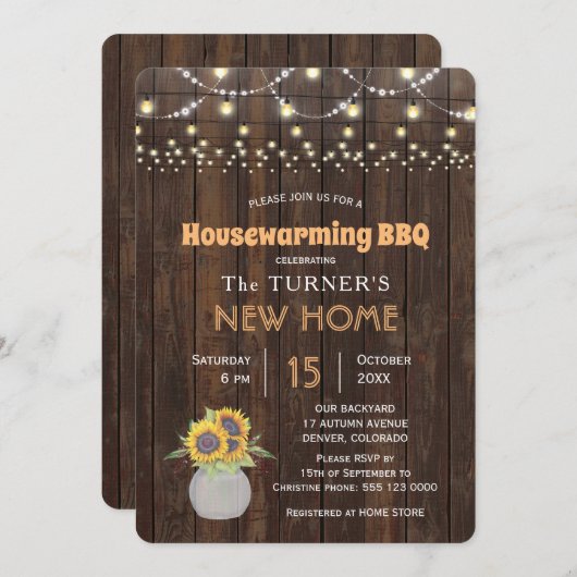 シックなサンフラワーズストリングライト引っ越し祝いパーティーパーティー 招待状 (正面/裏面)