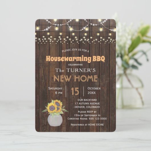 シックなサンフラワーズストリングライト引っ越し祝いパーティーパーティー 招待状 (スタンド正面)