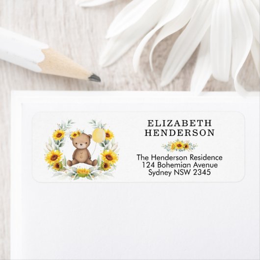 シックなサンフラワーテディベアイエローバルーンアドレス ラベル (インサイチュ)