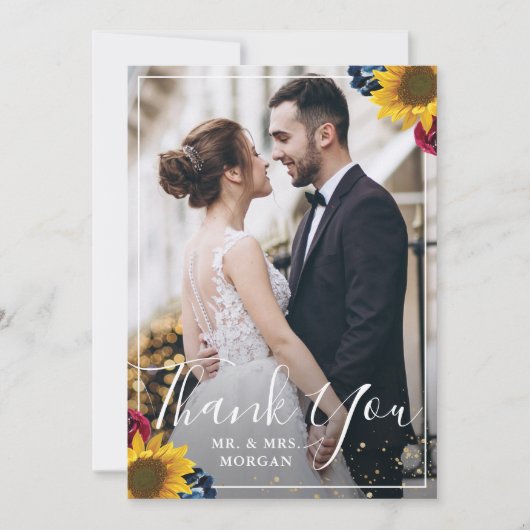 シックなサンフラワーブルゴーニュ海軍ブルーフローラ写真 サンキューカード (正面)