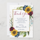 シックなサンフラワーブルゴーニュ海軍ブルーフローラ写真 サンキューカード (裏面)