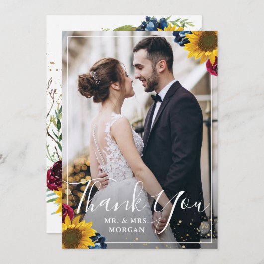 シックなサンフラワーブルゴーニュ海軍ブルーフローラ写真 サンキューカード (正面/裏面)