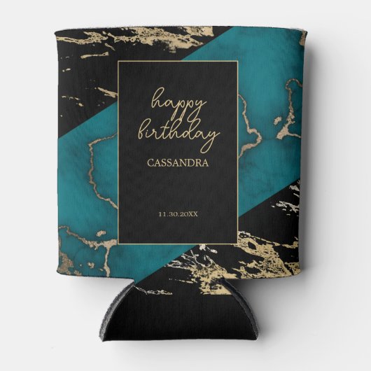 シックなシアン大理石ゴールドフォイル絵を描テクスチャ誕生日 缶クーラー (正面)