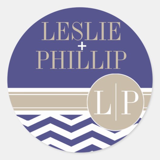 シックなシェブロンモノグラム |ネイビー ラウンドシール (正面)