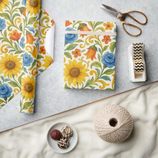 シックなシシカラフルリア離れフローラアートパターン ラッピングペーパー (クラフト)