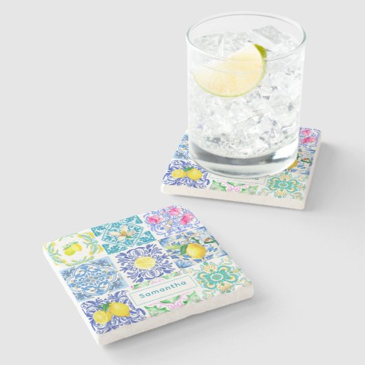 シックなシチリアアズレジョアマルフィ地中海のタイル ストーンコースター (横)