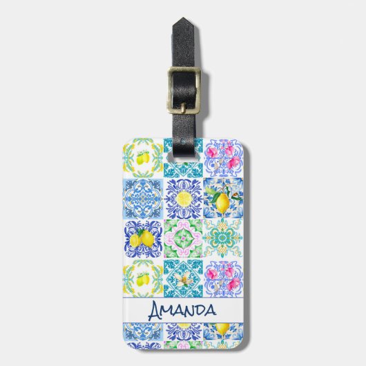 シックなシチリアアズレジョアマルフィ地中海のタイル ラゲッジタグ (正面縦)