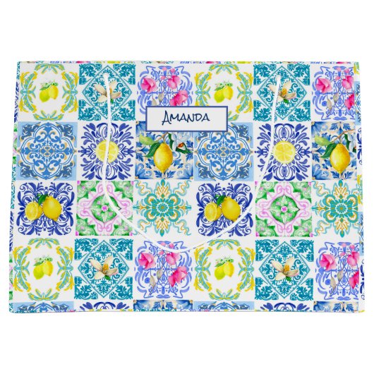 シックなシチリアアズレジョアマルフィ地中海のタイル ラージペーパーバッグ