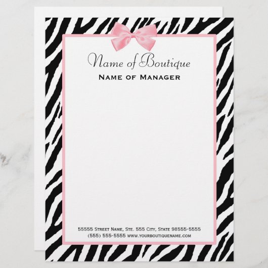 シックなシマウマのプリントのブティックライト本当のピンクのリボン レターヘッド (正面/裏面)