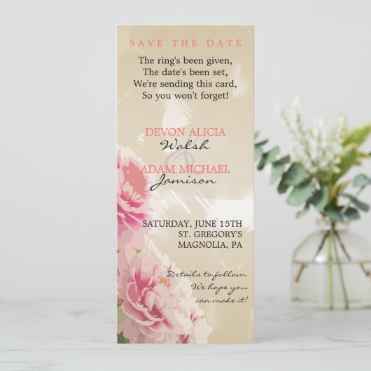 シックなシャクヤクの花の結婚式の保存日付 セーブザデート (スタンド正面)