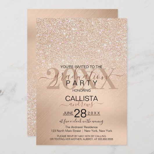シックなシャンパン金ゴールドグリッターメタリック卒業 招待状 (正面/裏面)