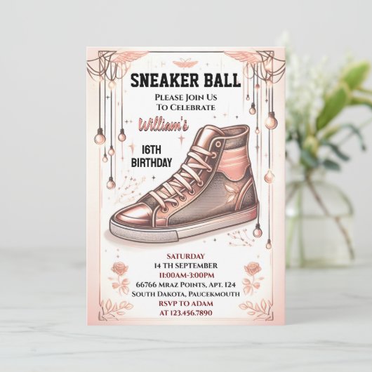 シックなシューガールスウィート16スニーカー誕生日 招待状 (スタンド正面)