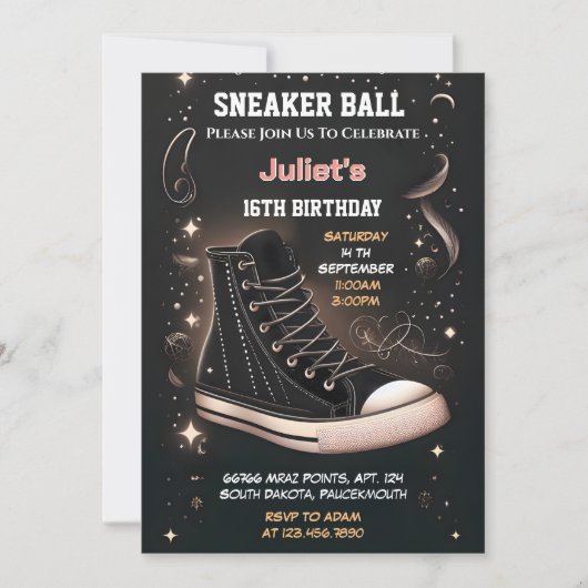 シックなシューガールスウィート16スニーカー誕生日 招待状 (正面)