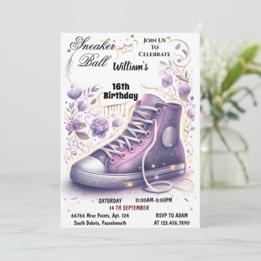 シックなシューガールスウィート16スニーカー誕生日 招待状 (スタンド正面)
