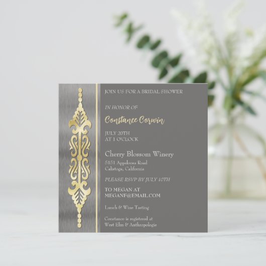 シックなシルバーと金ゴールドブライダルシャワーの招待 招待状 (スタンド正面)