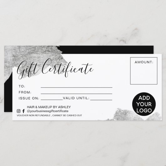 シックなシルバーのブラシストローク箔のギフト証明書のロゴ (正面/裏面)