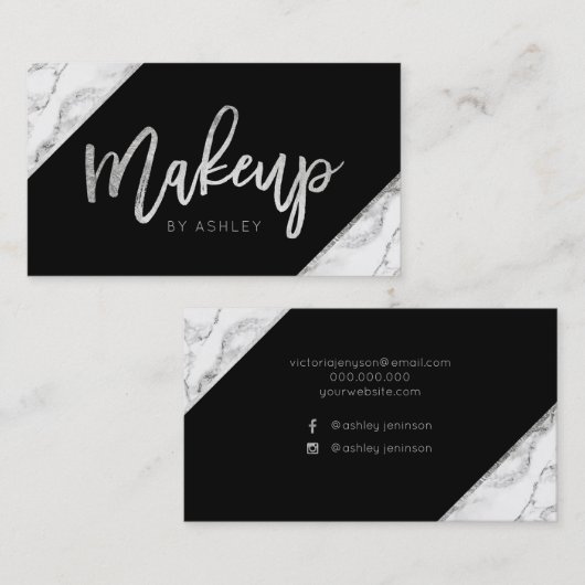 シックなシルバーの白い大理石のスクリプトのメイクアップタイポグラフィ 名刺 (正面/裏面)
