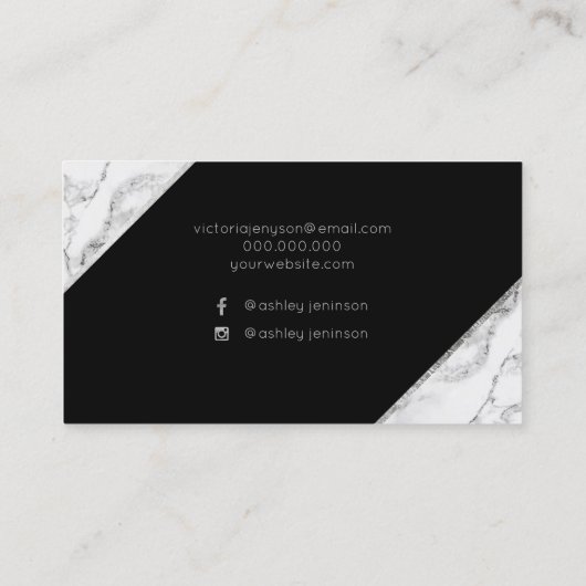 シックなシルバーの白い大理石のスクリプトのメイクアップタイポグラフィ 名刺 (裏面)