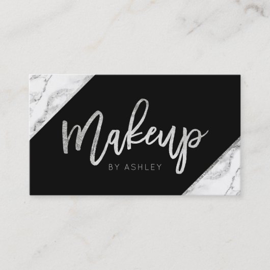 シックなシルバーの白い大理石のスクリプトのメイクアップタイポグラフィ 名刺 (正面)