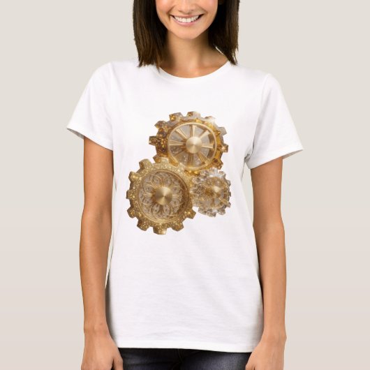 シックなシルバーのGEMS IN THE GEAR Tシャツ (正面)