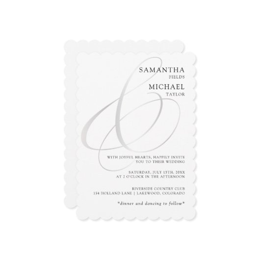 シックなシルバーアンパサンド結婚ミニマリスト 招待状 (正面/裏面インサイチュ)