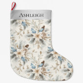 シックなシルバークリームブルーホワイトフローラクリスマス ラージクリスマスストッキング (正面)