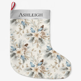シックなシルバークリームブルーホワイトフローラクリスマス ラージクリスマスストッキング
