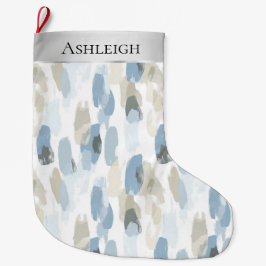 シックなシルバークリームブルーホワイト抽象芸術クリスマス ラージクリスマスストッキング