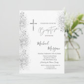 シックなシルバークロスバプティスシルバーグリッター紙吹雪 招待状 (スタンド正面)