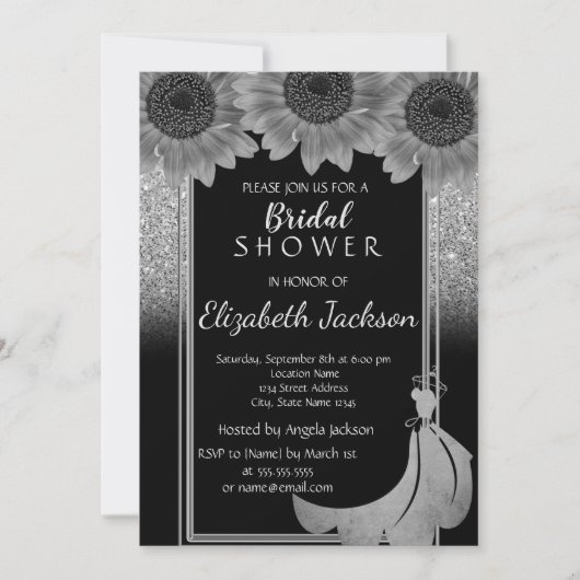 シックなシルバーグリッターサンフラワーズドレスブライダルシャワー 招待状 (正面)