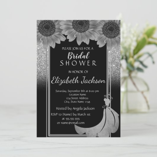 シックなシルバーグリッターサンフラワーズドレスブライダルシャワー 招待状 (スタンド正面)