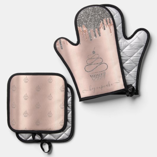 シックなシルバーグリッタードリップスカケバラ金ゴールド 鍋つかみ&鍋敷きセット (正面/裏面)