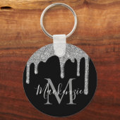 シックなシルバーグリッタードリップスパークルモノグラム キーホルダー (正面)