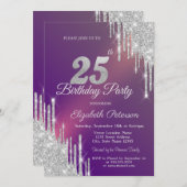 シックなシルバーグリッタードリップスパープル25th誕生日 招待状 (正面/裏面)