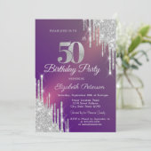 シックなシルバーグリッタードリップスパープル50誕生日 招待状 (スタンド正面)