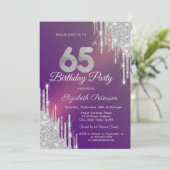 シックなシルバーグリッタードリップスパープル65th誕生日 招待状 (スタンド正面)
