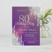 シックなシルバーグリッタードリップスパープル80誕生日 招待状 (スタンド正面)
