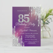 シックなシルバーグリッタードリップスパープル85th誕生日 招待状 (スタンド正面)