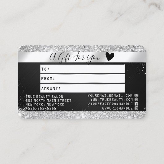 シックなシルバーグリッターブラックメタリッククレジットギフトバス 名刺 (裏面)