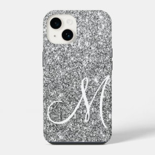 シックなシルバーグリッターメタリックモノグラムのシャイン iPhone 14ケース
