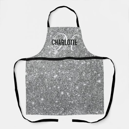 シックなシルバーグリッターモノグラム名 エプロン (正面)