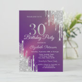 シックなシルバーグリッター垂れ流しパープル30歳の誕生日 招待状 (スタンド正面)