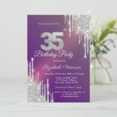 シックなシルバーグリッター垂れ流しパープル35歳の誕生日 招待状 (スタンド正面)
