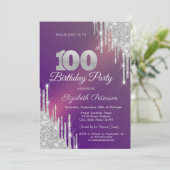 シックなシルバーグリッター垂れ流しパープル 100歳の誕生日 招待状 (スタンド正面)