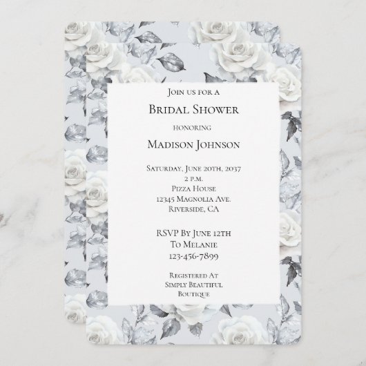シックなシルバーグレーホワイトローズフローラブライダルシャワー 招待状 (正面/裏面)