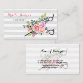 シックなシルバーシザーヘアスタイリストストライプのバラと髪型 名刺 (正面/裏面)